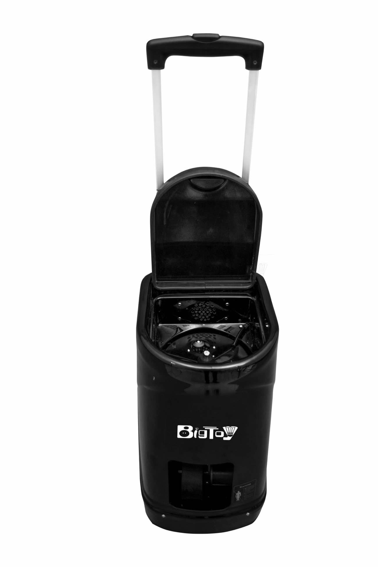 Open squash ball machine showing ball storage area